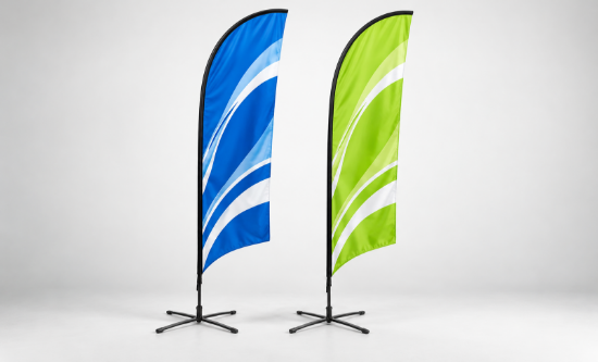 Blue and green feather advertising flag display examples