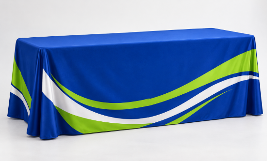 Custom table throw display example in blue and green